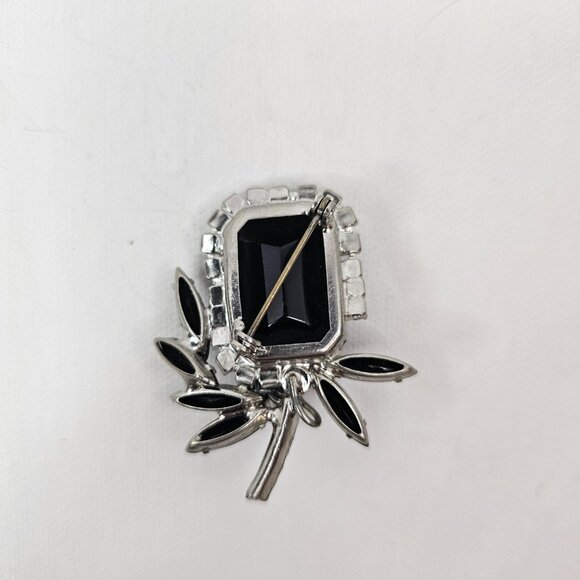 Vintage Silver Tone Black AB Rhinestone Brooch Aurora Borealis Open Back - Picture 3 of 8